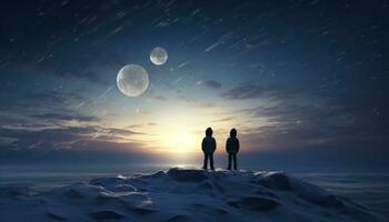 ai generato Due bambini in piedi nel il neve Guardando il Luna a partire dal il scogliera foto