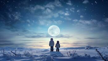 ai generato Due giovane ragazzi In piedi nel il neve prospiciente un' bianca Luna foto