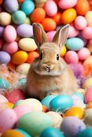 ai generato vivace Pasqua sfondo, uova, e un adorabile coniglietto, la creazione di gioioso e festivo vibrazioni foto