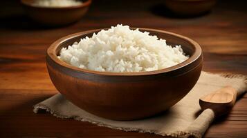 ai generato riso e aglio ciotola su un' Marrone di legno tavolo foto