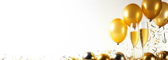 ai generato argento oro oro festa coriandoli oro Palloncino con Champagne bicchieri foto