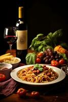 ai generato delizioso cena diffusione con pasta, vino, e salato delizie foto