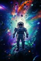 ai generato astronauta nel vivido spazio, circondato di stelle e pianeti, offerta cosmico copia spazio foto