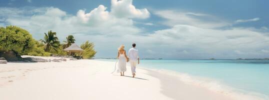 ai generato coppia a piedi su un' tropicale bianca sabbioso spiaggia foto