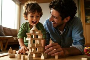 ai generato papà e figlio edificio insieme, un' delizioso momento catturato, con camera per il tuo Messaggio foto