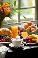 ai generato un' buongustaio mattina differenza, pasticcini, fresco frutta, e invitante caffè, più generoso copia spazio foto