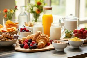 ai generato un' buongustaio mattina differenza, pasticcini, fresco frutta, e invitante caffè, più generoso copia spazio foto