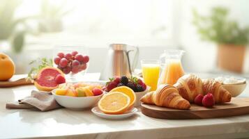 ai generato un' buongustaio mattina differenza, pasticcini, fresco frutta, e invitante caffè, più generoso copia spazio foto