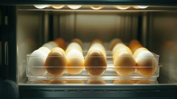 ai generato un' foto mostrando uova su vassoi nel un Aperto frigorifero