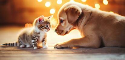 ai generato un' cane è baci un' gattino su il pavimento con rosso calze autoreggenti foto