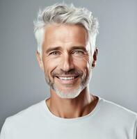 ai generato un' uomo con argento grigio capelli sorrisi foto