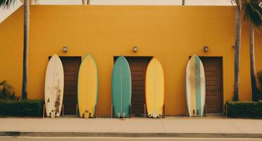 ai generato un' colorato banda di Surf tavole è pendente contro un' di legno porta foto