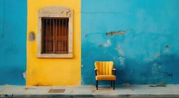 ai generato un' blu e giallo porta e sedia contro un' blu parete foto