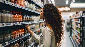 ai generato un' bellissimo moda donna confrontando prodotti nel un' drogheria memorizzare foto