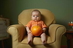 ai generato bambino seduta nel un' sedia con un arancia foto