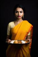 ai generato tradizionale indiano donna offerta un' piatto di cibo foto