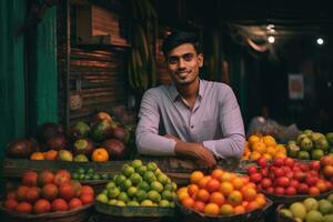 ai generato il frutta venditore - un' giovane uomo pose con il suo colorato produrre foto