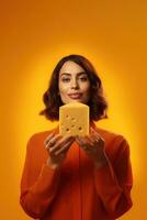ai generato allettante formaggio annuncio pubblicitario con un' bellissimo donna nel un arancia vestito foto