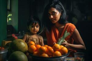 ai generato un' madre e figlia nel un' cucina, ordinamento frutta e verdure foto