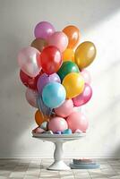 ai generato compleanno celebrazione - gigante Torre di colorato palloncini foto