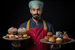 ai generato esperto capocuoco presentazione un' varietà di delizioso pasticcini foto