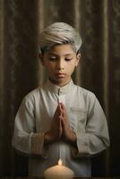 ai generato preghiere bambino nel bianca culturale abbigliamento foto