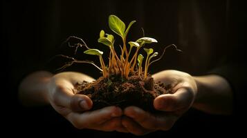 ai generato germoglio nel mani. alberello per piantare. su un' buio sfondo. giardinaggio striscione. ecologia concetto. andiamo proteggere il terra. macro fotografia. studio luce. ai generato foto