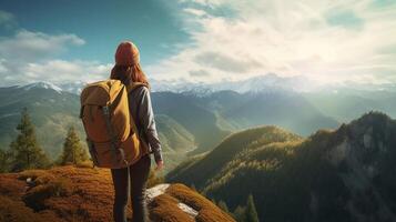 ai generato la realtà foto di giovane donna assunzione un' bellissimo Visualizza nel il montagne, su un' molto soleggiato giorno