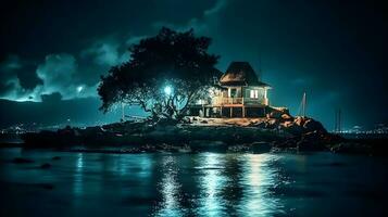 ai generato un' sereno di legno Casa su un' piccolo roccioso isola nel il mezzo di il oceano, e un' albero con un' luminosa leggero e riflettere su il acqua a notte volta. foto