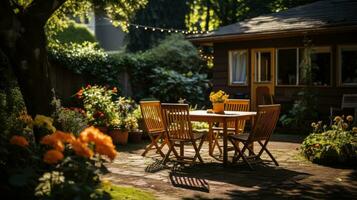ai generato Giardino dietro la casa giardino terrazza di legno tavolo e sedia pieno di fiori e verde con caldo luce. foto