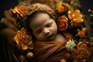 ai generato Nato bambino addormentato nel fiore cestino ai generato foto