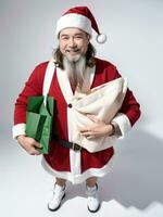 ai generato un' uomo Santa Claus Tenere un' regalo Borsa su bianca sfondo ai generato foto