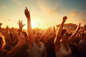 ai generato applauso persone nel musica Festival, abitare, roccia concerto, Festival notte club folla tifo, palcoscenico luci e coriandoli cadente. applauso folla nel luci ai generato foto