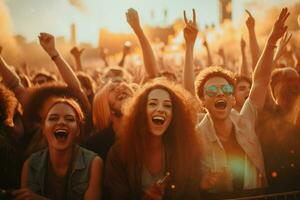 ai generato applauso persone nel musica Festival, abitare, roccia concerto, Festival notte club folla tifo, palcoscenico luci e coriandoli cadente. applauso folla nel luci ai generato foto