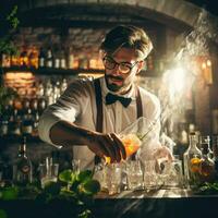 ai generato barista è fabbricazione un' cocktail nel un' discoteca a il bar contatore , esperto barista è fabbricazione cocktail a il bar ai generato foto