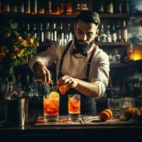 ai generato barista è fabbricazione un' cocktail nel un' discoteca a il bar contatore , esperto barista è fabbricazione cocktail a il bar ai generato foto