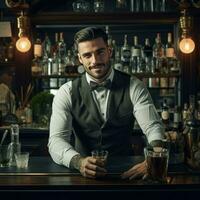 ai generato barista è fabbricazione un' cocktail nel un' discoteca a il bar contatore , esperto barista è fabbricazione cocktail a il bar ai generato foto