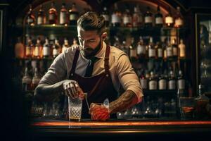 ai generato barista è fabbricazione un' cocktail nel un' discoteca a il bar contatore , esperto barista è fabbricazione cocktail a il bar ai generato foto