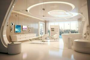 ai generato moderno dentale ufficio, dentale clinica sedia nel ospedale letto, camera, sedia, finestra, ai generato foto