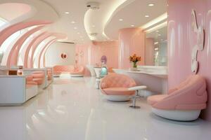 ai generato moderno dentale ufficio decorazione rosa colore, dentale clinica sedia nel ospedale letto, camera, sedia, finestra, ai generato foto