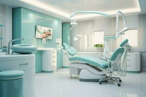 ai generato moderno dentale ufficio, dentale clinica sedia nel ospedale letto, camera, sedia, finestra, ai generato foto