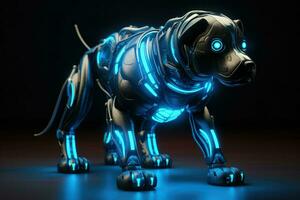 ai generato cane robot futuro artificiale metallico tecnologia moderno cyborg intelligenza scienza robot raggiante leggero ai generato foto