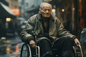 ai generato un vecchio uomo è seduta nel un' sedia a rotelle su un' pioggia città ,anziano uomo nel un' sedia a rotelle su il sfondo di il città, ai generato foto