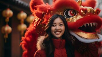 ai generato asiatico ragazza con Drago. Cinese nuovo anno Festival. foto