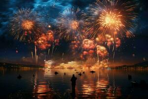 ai generato spettacolare fuochi d'artificio Schermo al di sopra di bellissimo fiume, fuochi d'artificio al di sopra di notte fiume cielo, vacanza sfondo, luminosa colorato luci ai generato foto