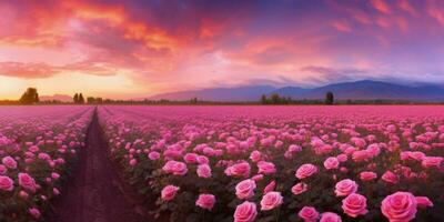 ai generato rosa campo nel il Alba mattina con bellissimo cielo foto