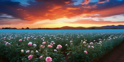 ai generato rosa campo nel il Alba mattina con bellissimo cielo foto