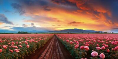 ai generato rosa campo nel il Alba mattina con bellissimo cielo foto