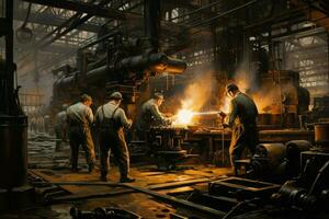 opera equipaggio Lavorando con pesante metallurgico attrezzatura, giovane maschio tecnico Lavorando nel industria ai generato foto