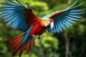ai generato volante ara pappagallo, colorato amazon ara pappagallo contro giungla, natura e foresta pluviale esotico tropicale uccelli ai generato foto